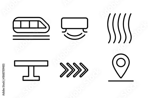 Magnetic Float Transport Icons. Line vector icons of magnetic float transport: light rail pod, hover zone, magnetic field lines,