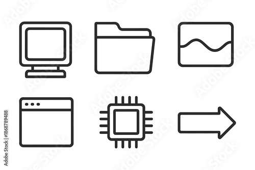 Legacy Software Icons. Line vector icons of legacy software environment emulation: square display, classic folder, boot wave,