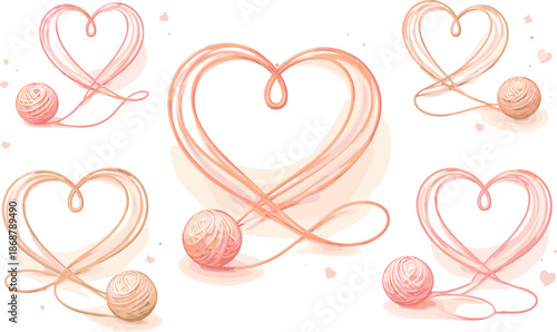 Yarn Heart Symmetry. Minimal heart icons constructed from looping yarn lines and calm symmetry, modern flat vector illustration