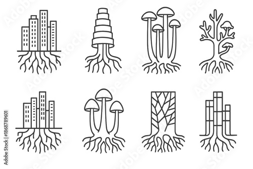 Mycelium Skyline Icons. Line style icons of mycelium high-rises: root networks, layered stems, growing columns, cap clusters,