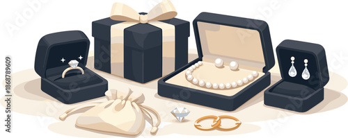 Minimal Jewelry Packaging. Minimal jewelry packaging scene emphasizing velvet texture and precious contents, modern flat vector