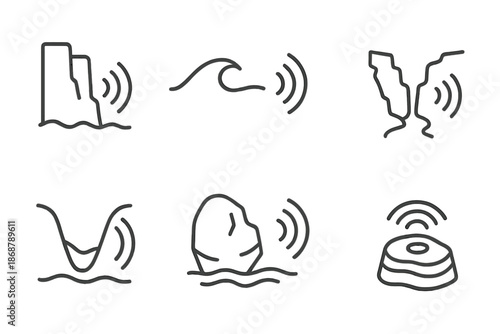 Geological Sound Icons. Line style icons of geological sound symbols: cliff sound line, wave reflection, canyon tone, valley