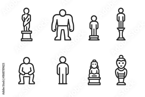 Miniature Colossi Icons. Line style icons of miniature colossi: tiny statue, small giant, scaled figure, delicate pedestal,