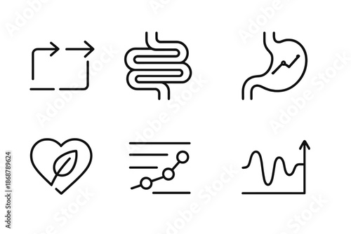 Digestive System Icons. Line style icons of digestive tracking systems: arrow flow, intestine path, stomach chart, metabolism ring