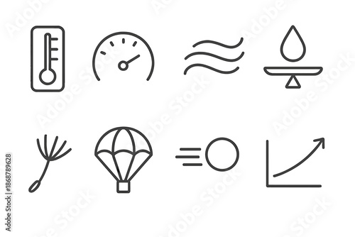 Air Instrument Icons. Line style icons of gentle air instruments: flow meter, curved gauge, airy lines, balance drop, light seed,