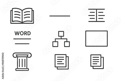 Foundation Grammar Icons. Line style icons of foundation grammar: open book, base line, balanced text, word beam, root sentence,