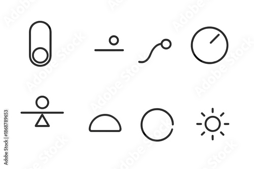 Smooth Control Icons. Line style icons of smooth control indicators: round switch, hovering dot, curved slider, steady knob,