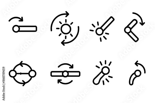 Rotational Connectors Icons. Line style icons of bright rotational connectors: rotating beam, shining circle, curved pivot,