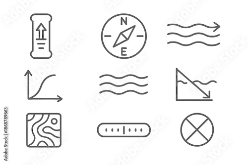 Hydrodynamic Measurement Icons. Line style icons of hydrodynamic measurement systems: flow gauge, stream compass, current line,
