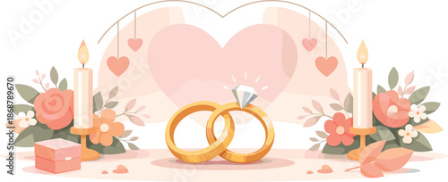 Romantic Wedding Vibes. Romantic wedding atmosphere suggested through rings, florals, and calm symmetry, modern flat vector