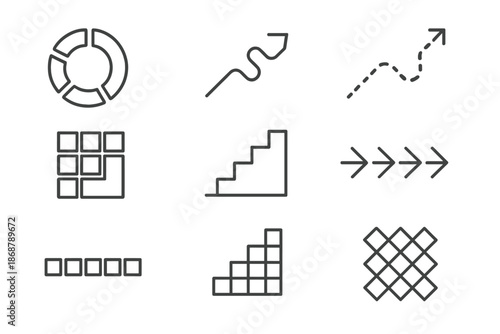 Fragmented Progress Tracker. Line style icons of piecemeal momentum trackers: fragmented shapes, gradual flow, connected path,