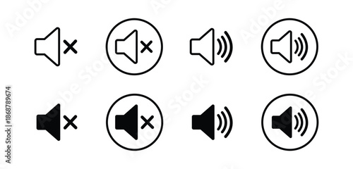 Sound Icon Set Black Outline and Filled volume audio isolated on transparent background