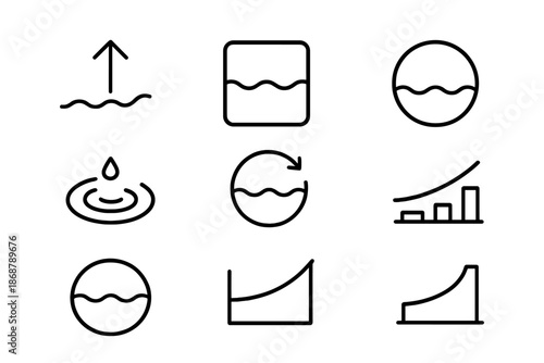 Fluid Level Icons. Line style icons of rising fluid levels: upward flow, wavy bar, circular gradient, ripple rise, motion ring,