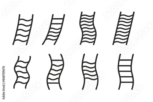 Wavy Ladder Icons. Line style icons of wave-formed ladders: curved rungs, rising flow, wavy climb, rhythmic lines, gradient steps,