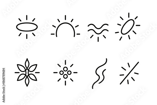 Mystical Icon Set. Line style icons of luminous mystical signs: halo symbol, radiant arc, sacred wave, glowing stroke, ethereal