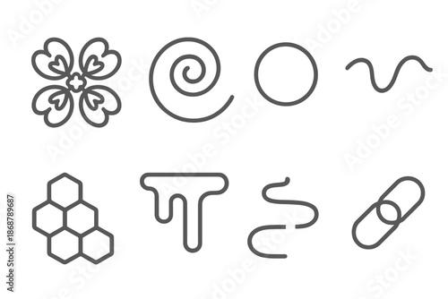 Sweet Organic Line Icons. Line style icons of sweet organic systems: floral pattern, syrup swirl, nectar ring, curved thread,