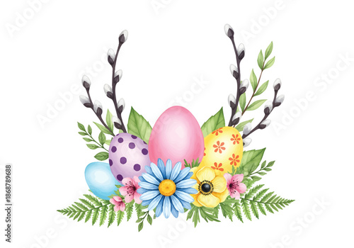 Watercolor Easter Egg Arrangement with Spring Flowers and Pussy Willow