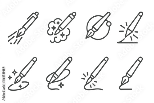 Interstellar Writing Icons. Line style icons of interstellar writing devices: comet pen, nebula trail, orbit marker, light brush,