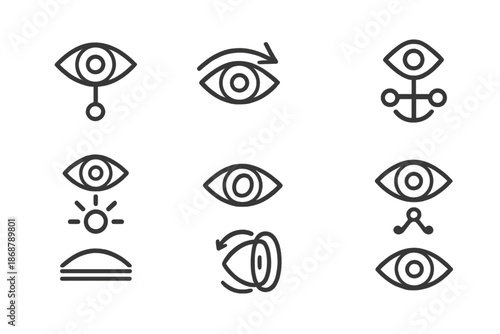 Retinal Mechanical Icons. Line style icons of retinal mechanical balance: pivot node, curved gaze, aligned joint, optical anchor,