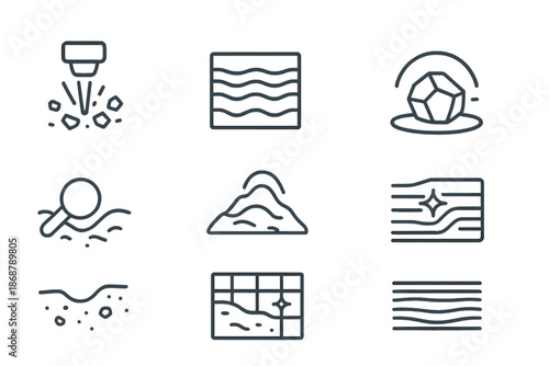 Ancient Spectroscopy Icons. Line style icons of ancient debris spectroscopy: glowing beam, layered cross-section, reflective