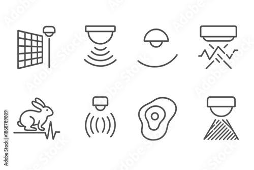 Behavioral Pattern Lidar Icons. Line style icons of behavioral pattern lidar: laser grid, motion sensor line, scanning arc,