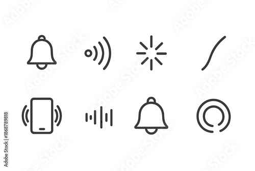 Subdued Audio Icons. Line style icons of subdued audio notifications: minimal chime, small echo, soft burst, curved tone mark,