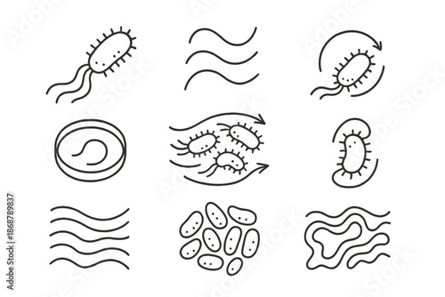 Bacterial Motion Icons. Line style icons of bacterial motion study: swimming bacterium, curved flagella, motion trace, microscopic