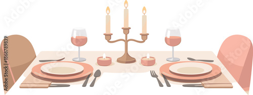 Modern Dinner Date. Minimal couple dining setup captured with plates, candles, and close seating symmetry, modern flat vector