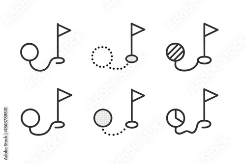 Line Style Goal Icons. Line style icons of variegated goal posts: gradient pole, layered dot path, patterned checkpoint, subtle