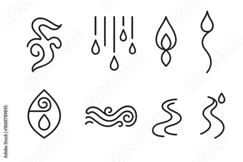 Liquid Architectural Icons. Line style icons of liquid architectural scripts: fluid glyph, engraved rain mark, structural drip