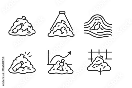 Trash Mound Icons. Line style icons of trash mound imaging: layered heap, scanning beam, contour lines, buried artifact,