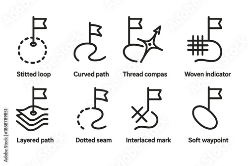 Fabric Navigation Icons. Line style icons of fabric route signs: stitched loop, curved fabric trail, thread compass, woven