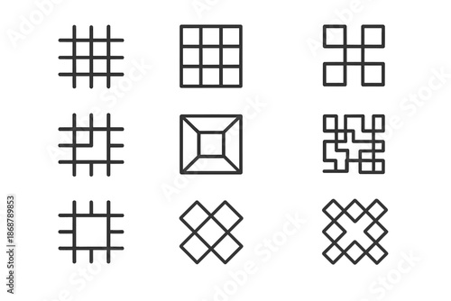 Geometric Lattice Designs. Line style icons of void lattice work: open weave, hollow cell grid, structured emptiness, missing
