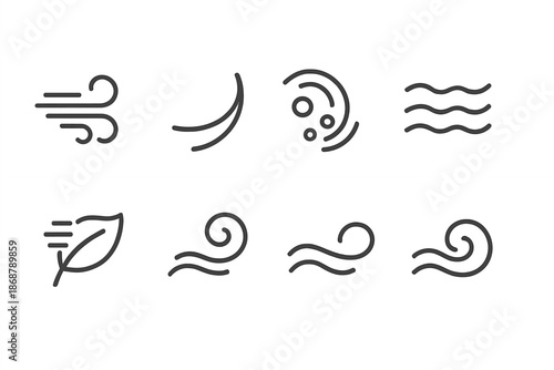 Atmospheric Notification Icons. Line style icons of atmospheric whisper notifications: flowing gust, curved trail, airy pulse,