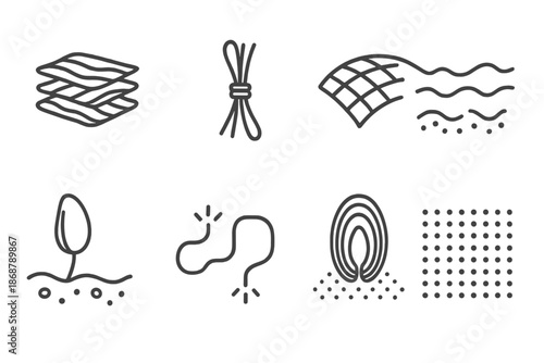 Mussel Adhesion Iconography. Line style icons of mussel adhesion topography: layered thread structure, silk anchor line, curved
