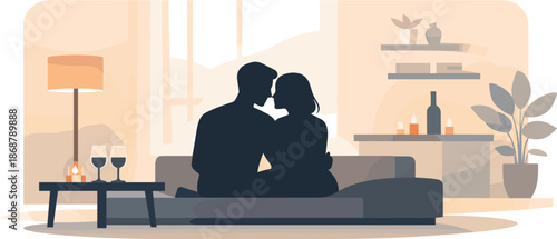 Minimalist Couple Silhouettes. Minimal couple silhouettes sitting close in a softly lit apartment interior, modern flat vector