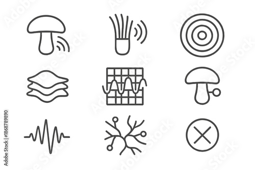 Mushroom Seismic Sensors. Line style icons of mushroom bristle quake monitoring: fungal stem sensor, vibrating bristle, seismic