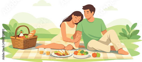 Minimal Picnic Date. Minimal picnic setup featuring a blanket, basket, and couple sharing a calm daytime moment, modern flat