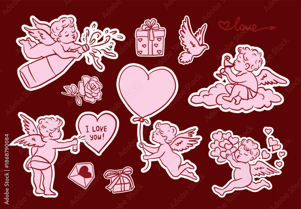 Fototapeta premium Hand drawn Valentine’s Day illustration set with cute cupids and cherubs shooting arrows, holding hearts, roses and love letters. Whimsical romantic outline style for cards, stickers 