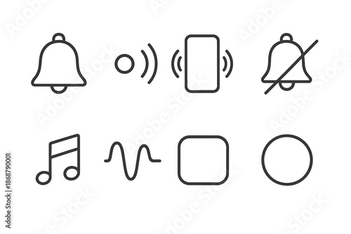 Serene Alert Icons. Line style icons of a serene alert interface: tranquil bell outline, airy sound pulse, minimal vibration icon,