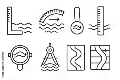 River Geometry Instruments. Line style icons of river geometry instruments: depth axis tool, water curve ruler, current path meter