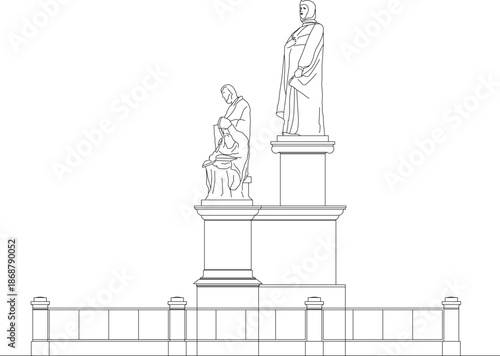 Technical vector illustration of a multi-level monument, featuring classical statues on pedestals with a surrounding fence.