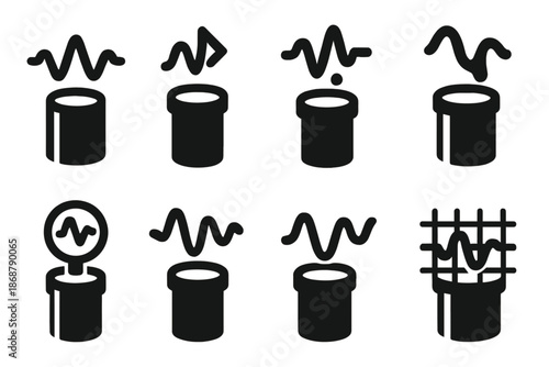 Conduit Frequency Icons. Solid style icons of conduit with frequency waves: pipe outline, waveform signal, vibration arrow, pulse