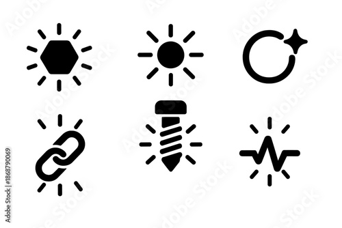 Glowing Hardware Icons. Solid style icons of a glowing fastener: bolt head, radiant beam, threaded screw, sparkle ring, metallic