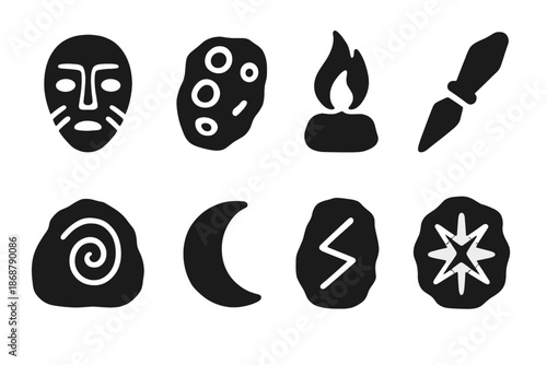 Stone Age Symbols. Solid style icons of stone age omen readers: carved mask, pattern stone, ritual flame, marking chisel,