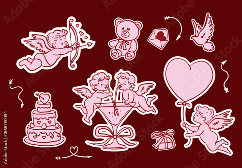 Hand drawn Valentine’s Day illustration set with cute cupids and cherubs celebrating love with hearts, balloons, gifts and sweets. Whimsical romantic outline style, perfect for cards, stickers 