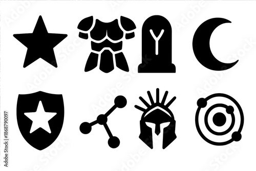 Celestial Armor Icons. Solid style icons of ancient celestial armor: star emblem, plated chest piece, glowing rune, lunar crest,