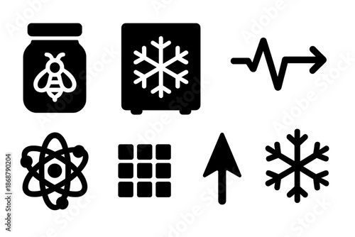 Bee Pollen Freezing Icons. Solid style icons of bee pollen freezing tools: pollen jar, freezing chamber, pulse line, flow arrow,