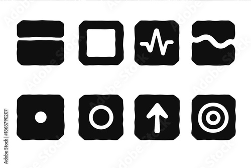 Stone Tableau Icons. Solid style icons of stone gap tableaus: stone block, empty section, pulse circle, flow line, energy dot,