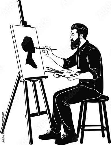 Bearded Artist Painting Portrait: Black & White Vector Illustration
